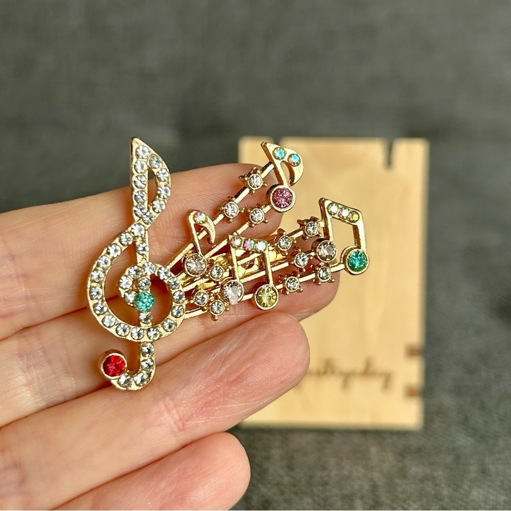 Upcycled Sparkly Treble Clef, Music Note Colorful Rhinestone Brooch Pin, Gold
